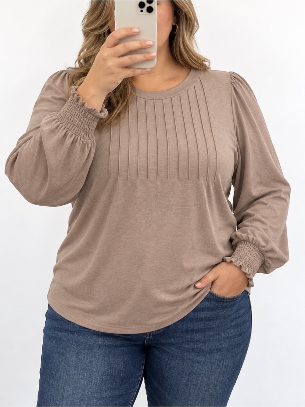 AUTOMET XXL Pleated Front Knit Top | Smocked Cuffs